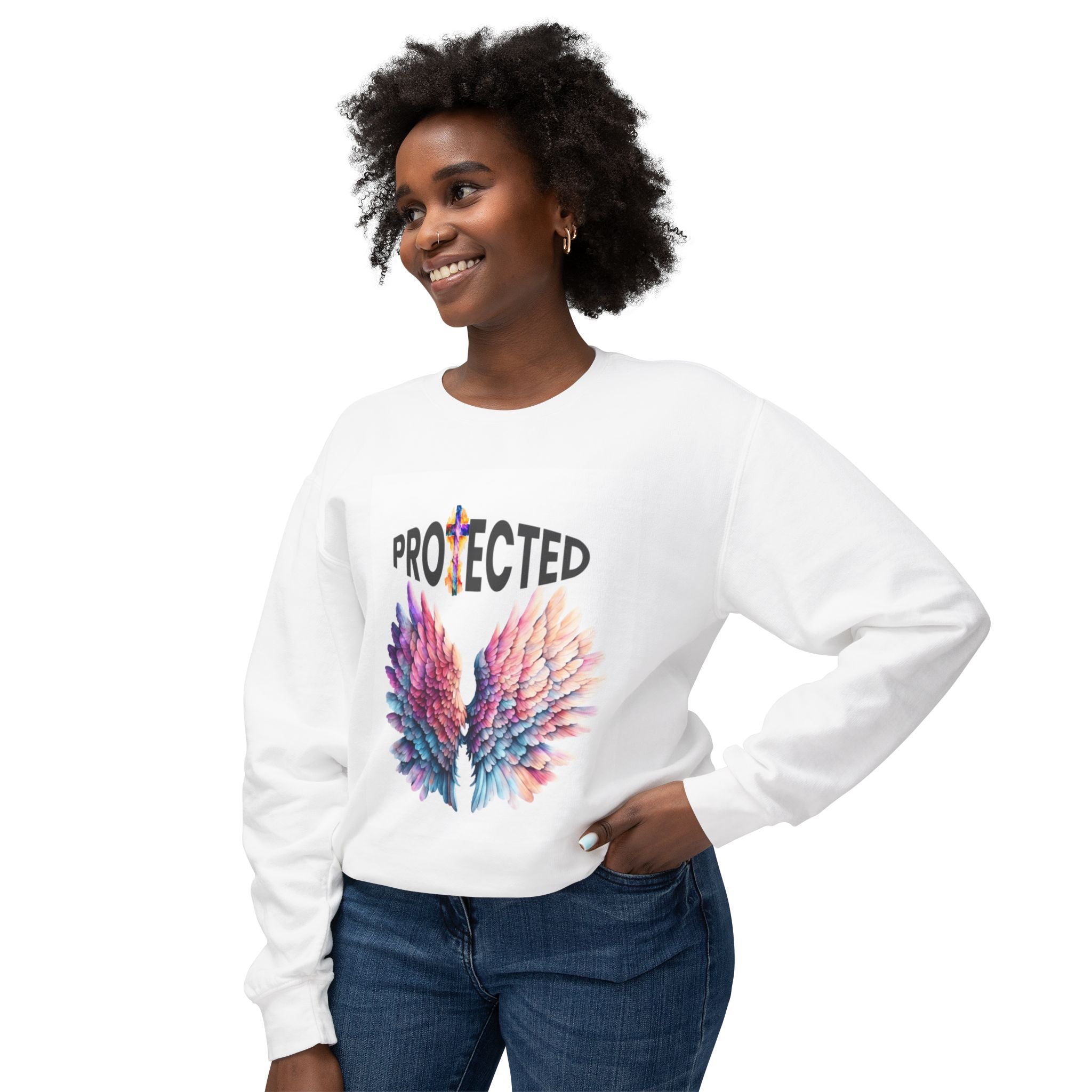 Protected Angel Wings Crewneck Sweatshirt — Colorful Spiritual Graphic