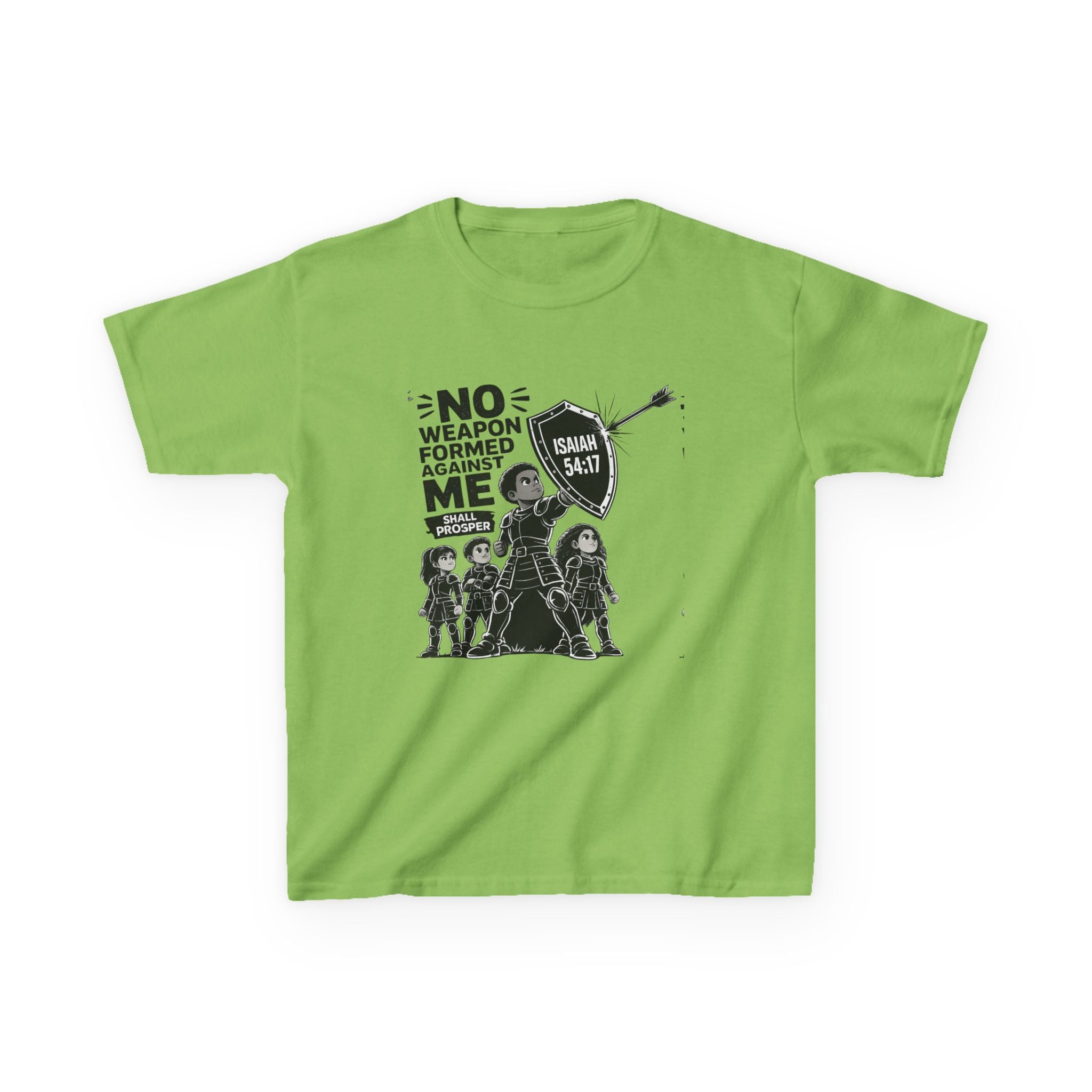 Kids Tee — "No Weapon Formed Against Me" Inspirational Bible Verse Shirt (Isaiah 54:17)