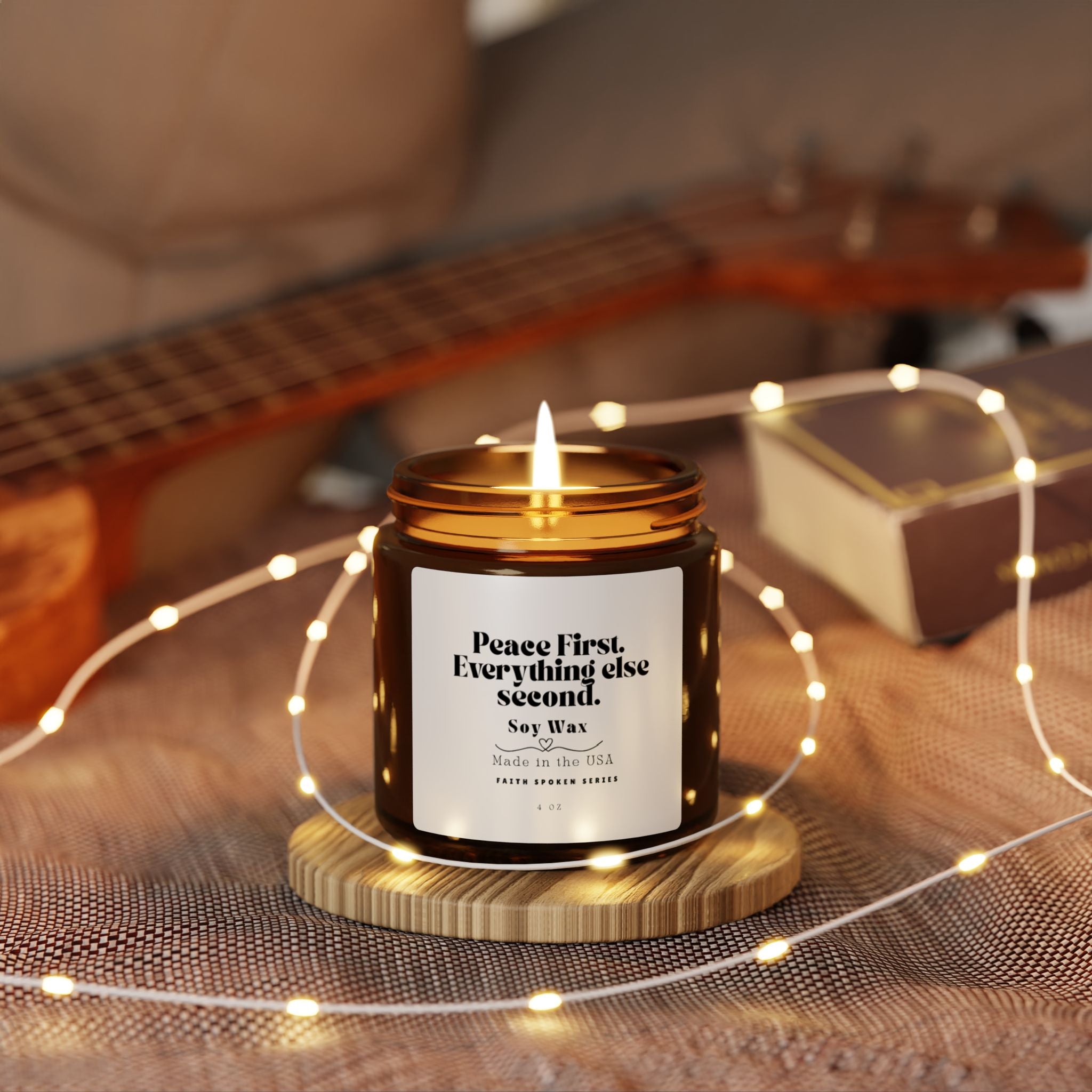 Soy Candle — "Peace First, Everything Else Second" Amber Jar (Scented)