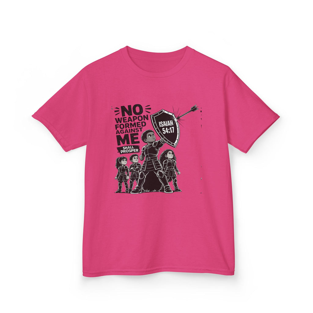 Kids Tee — "No Weapon Formed Against Me" Inspirational Bible Verse Shirt (Isaiah 54:17)