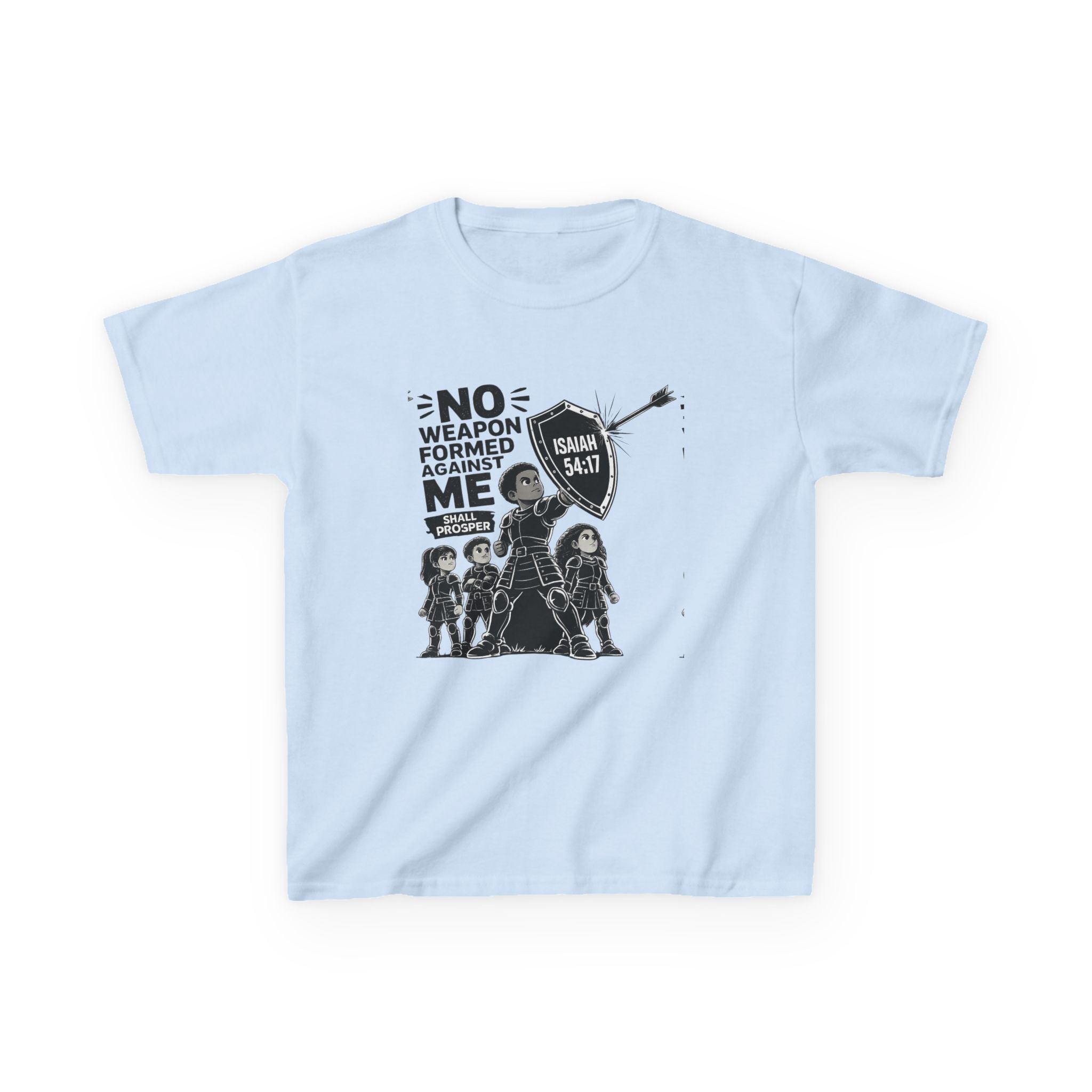 Kids Tee — "No Weapon Formed Against Me" Inspirational Bible Verse Shirt (Isaiah 54:17)