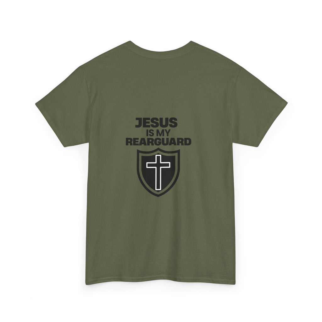 Jesus Is My Rearguard T-Shirt — Christian Faith Shield Tee