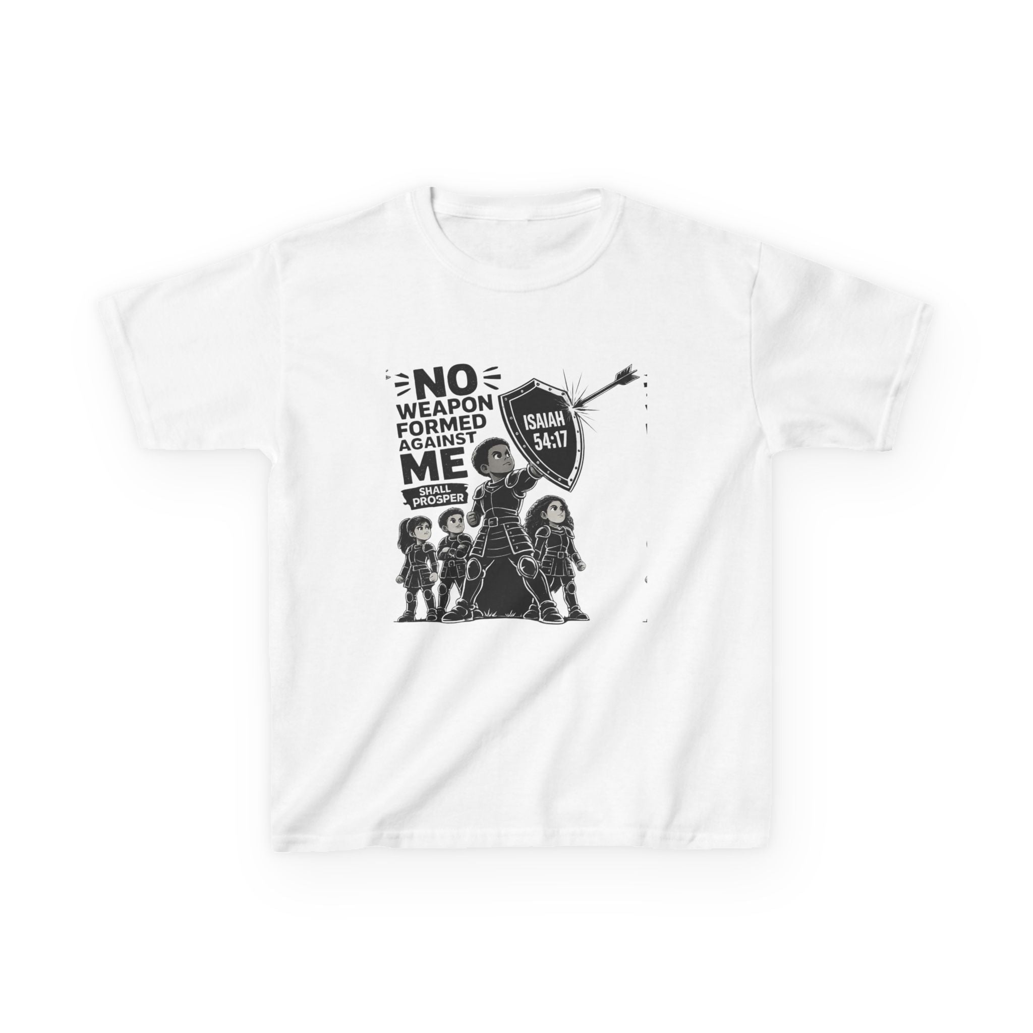 Kids Tee — "No Weapon Formed Against Me" Inspirational Bible Verse Shirt (Isaiah 54:17)