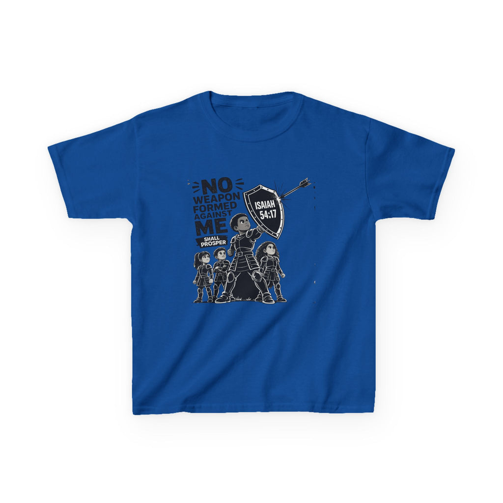 Kids Tee — "No Weapon Formed Against Me" Inspirational Bible Verse Shirt (Isaiah 54:17)