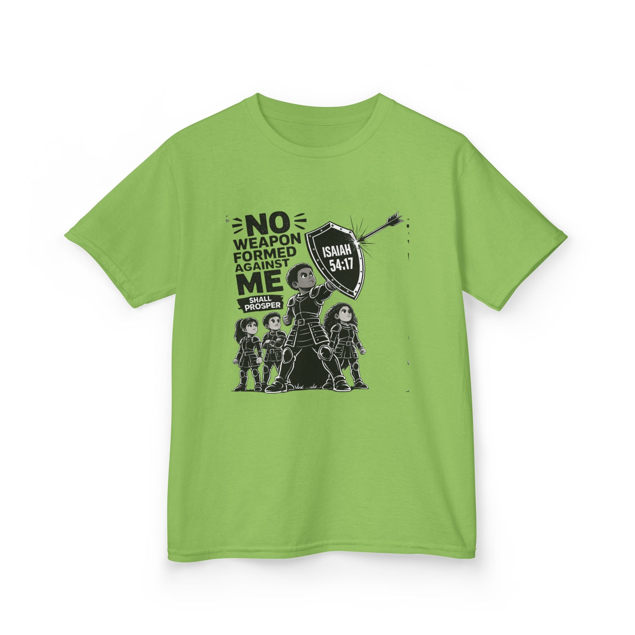 Kids Tee — "No Weapon Formed Against Me" Inspirational Bible Verse Shirt (Isaiah 54:17)