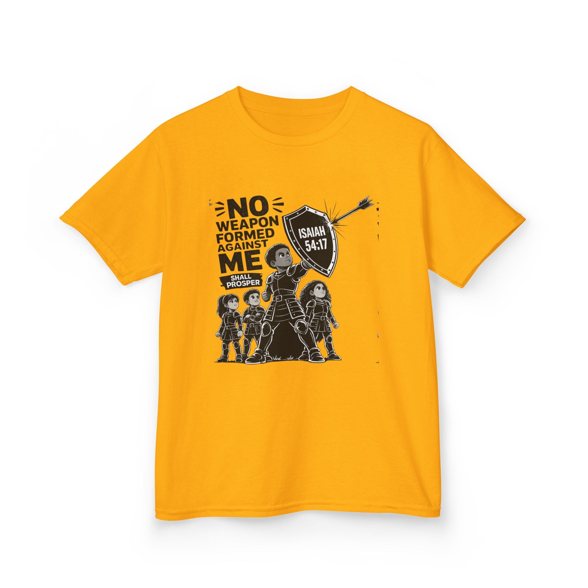 Kids Tee — "No Weapon Formed Against Me" Inspirational Bible Verse Shirt (Isaiah 54:17)