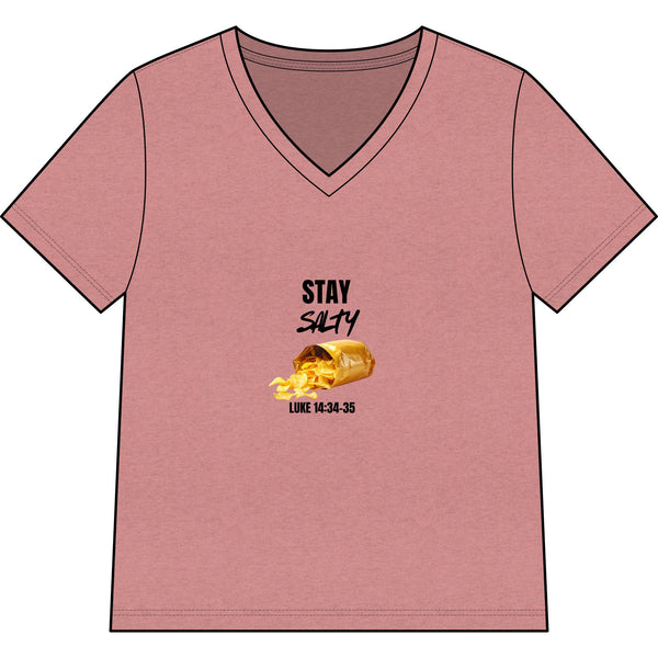Stay Salty V-Neck Tee — "Stay Salty" Shell & Luke 14:34-35 Christian Graphic Top
