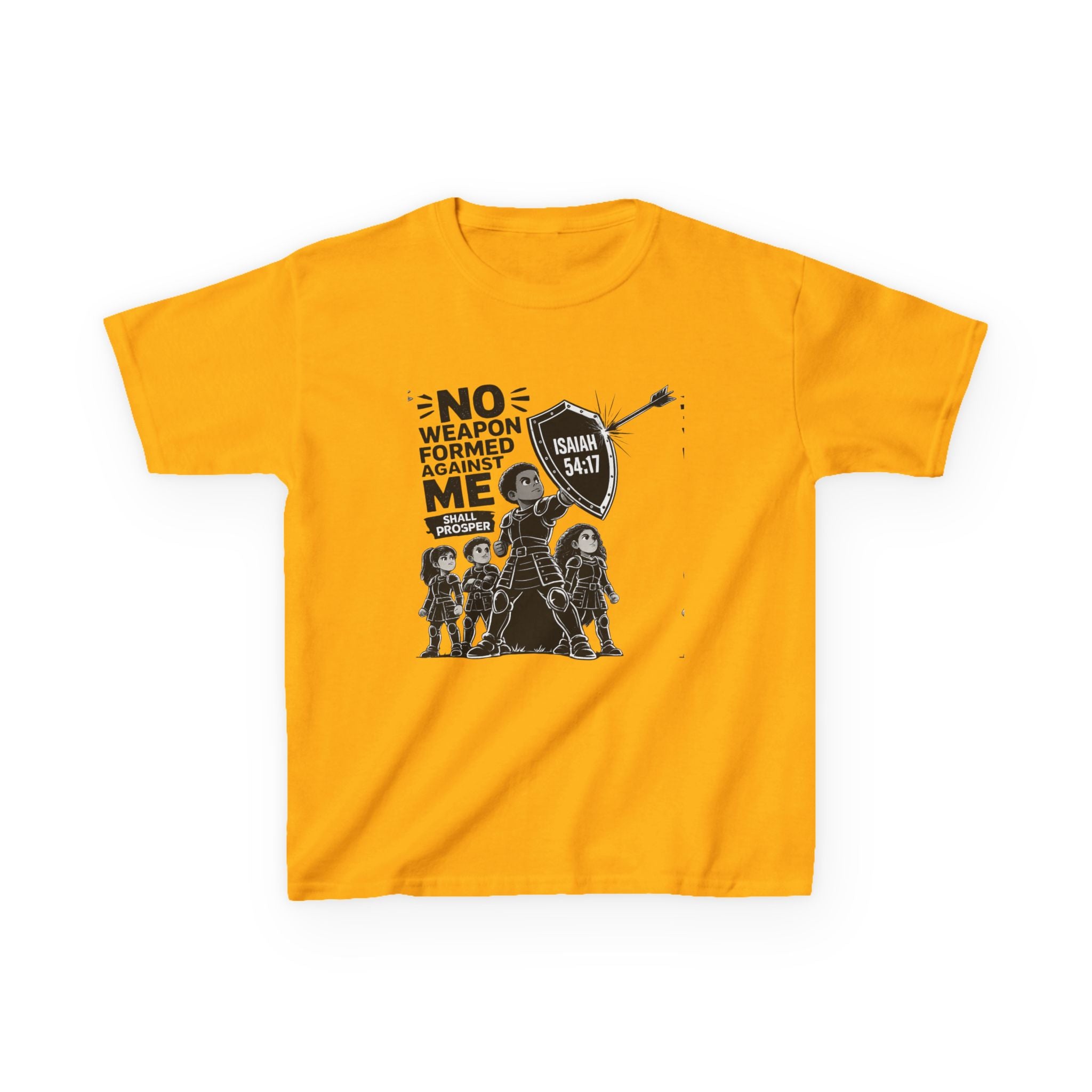 Kids Tee — "No Weapon Formed Against Me" Inspirational Bible Verse Shirt (Isaiah 54:17)