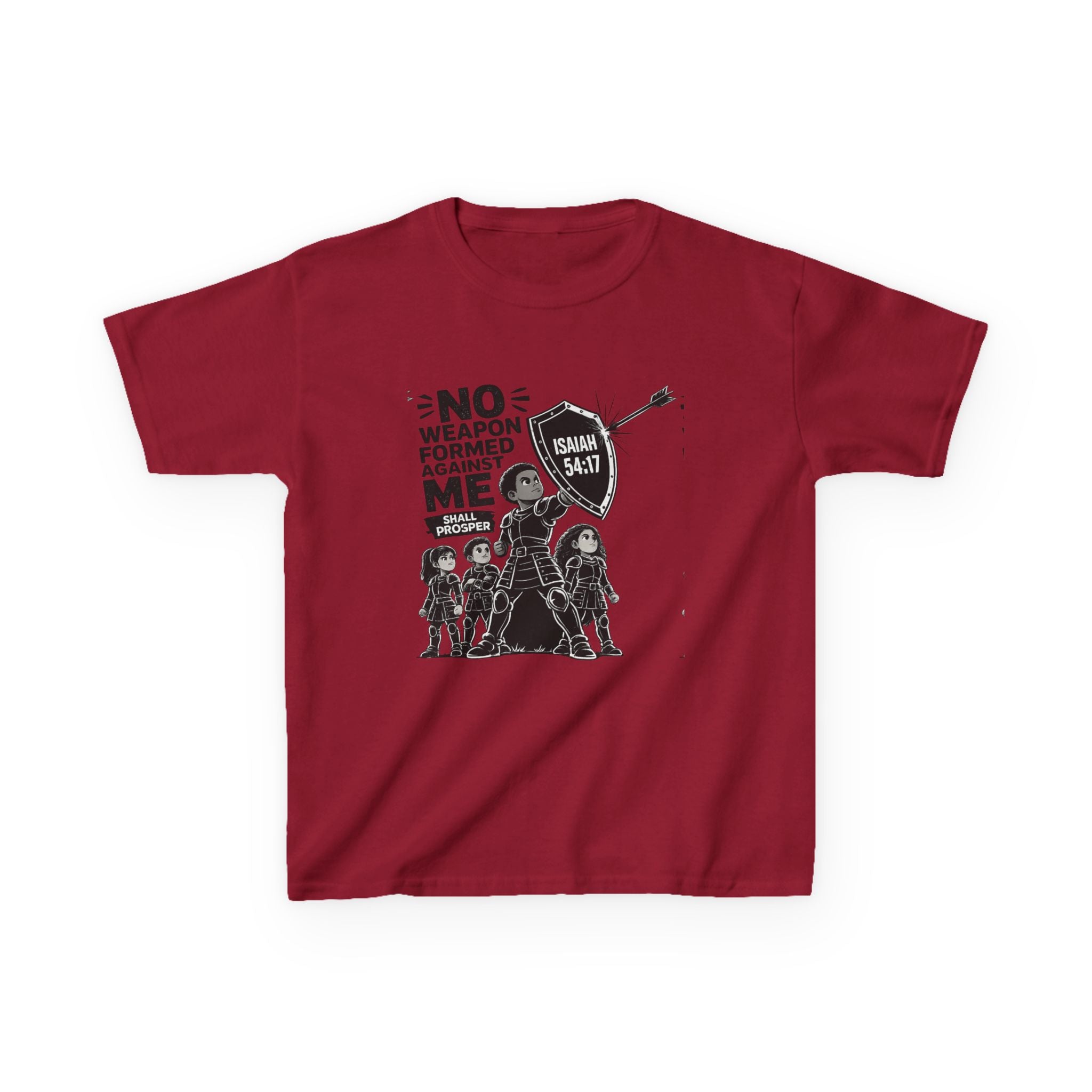 Kids Tee — "No Weapon Formed Against Me" Inspirational Bible Verse Shirt (Isaiah 54:17)