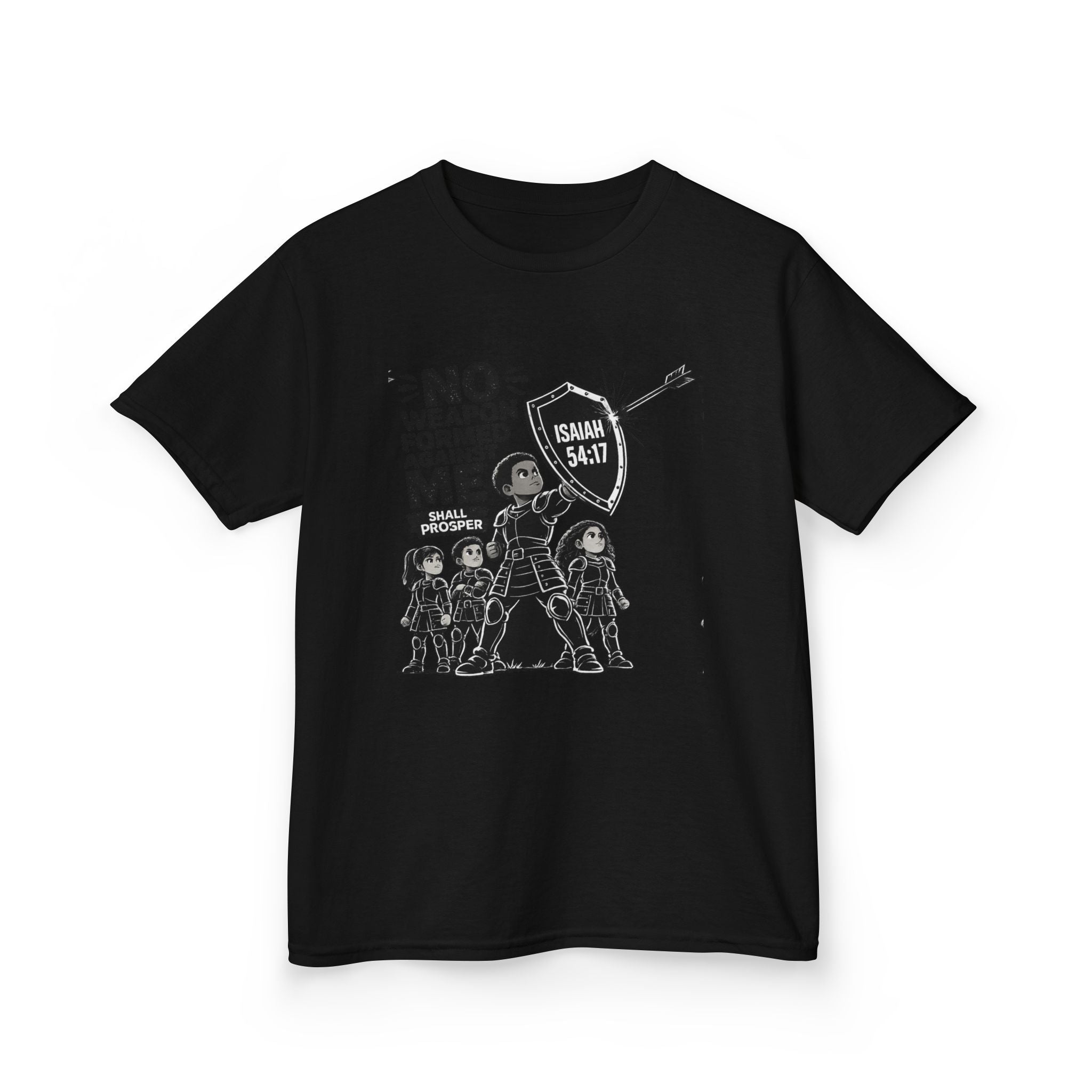 Kids Tee — "No Weapon Formed Against Me" Inspirational Bible Verse Shirt (Isaiah 54:17)