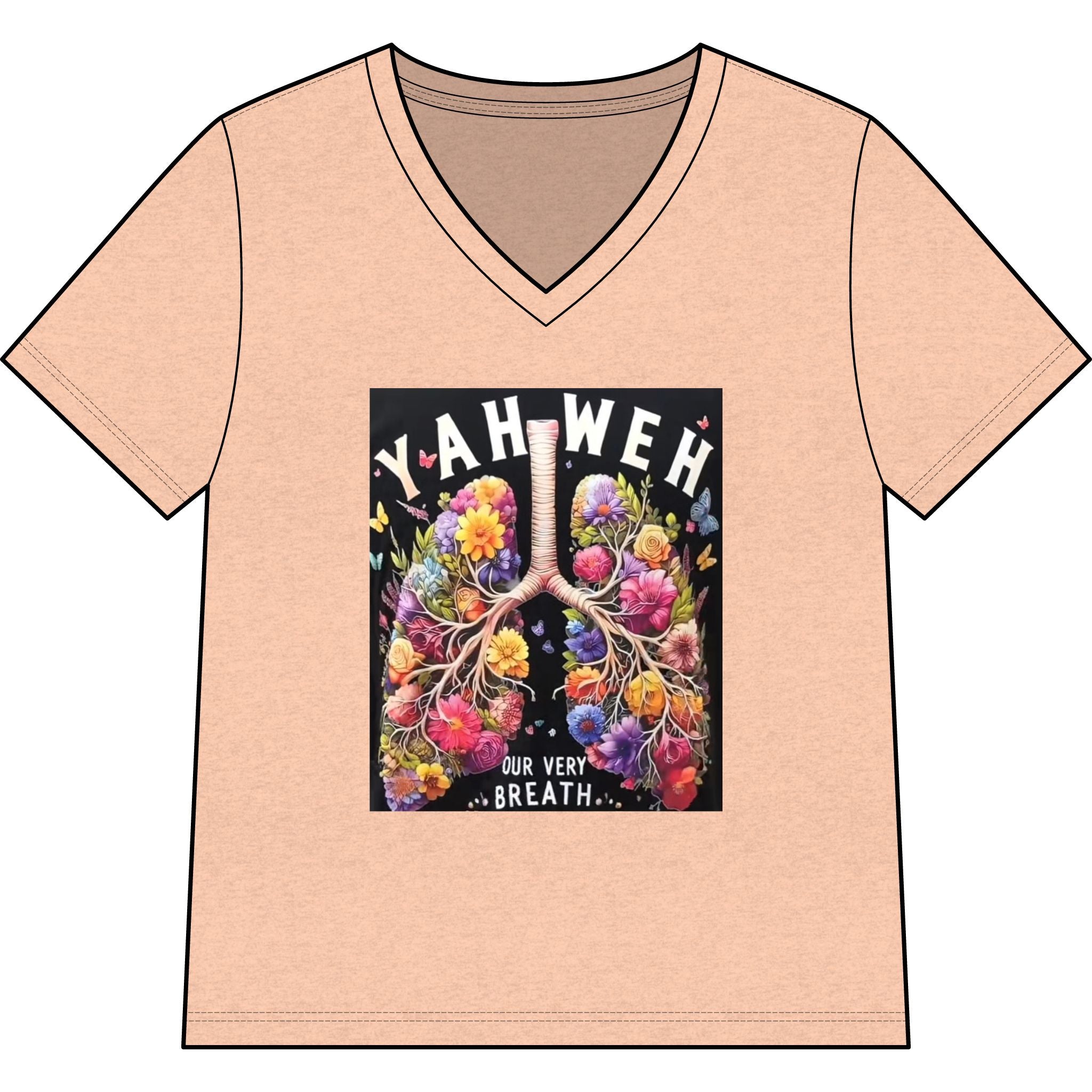 Women’s V-Neck Tee — 'YAHWEH Our Very Breath' Floral Lungs Faith Shirt
