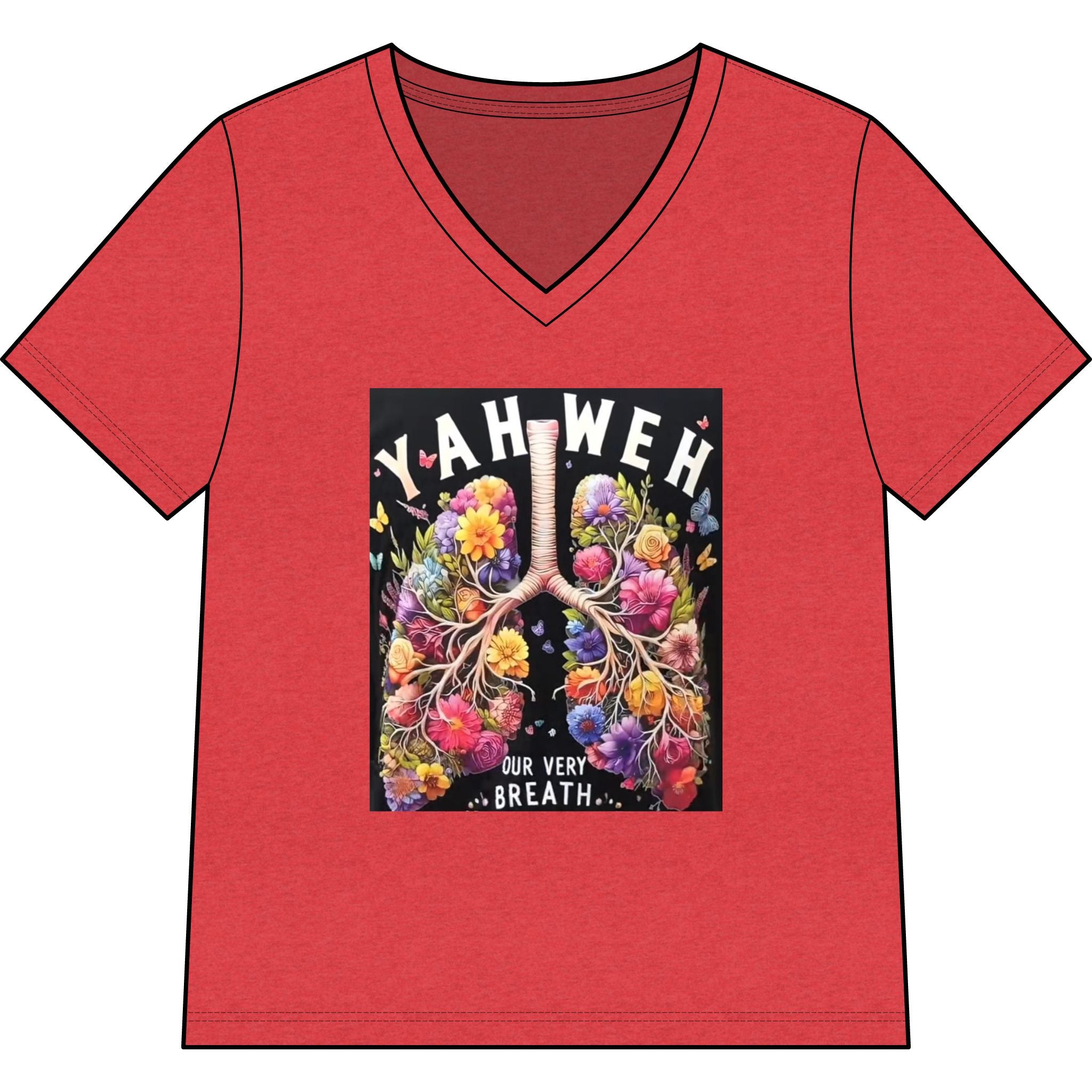 Women’s V-Neck Tee — 'YAHWEH Our Very Breath' Floral Lungs Faith Shirt