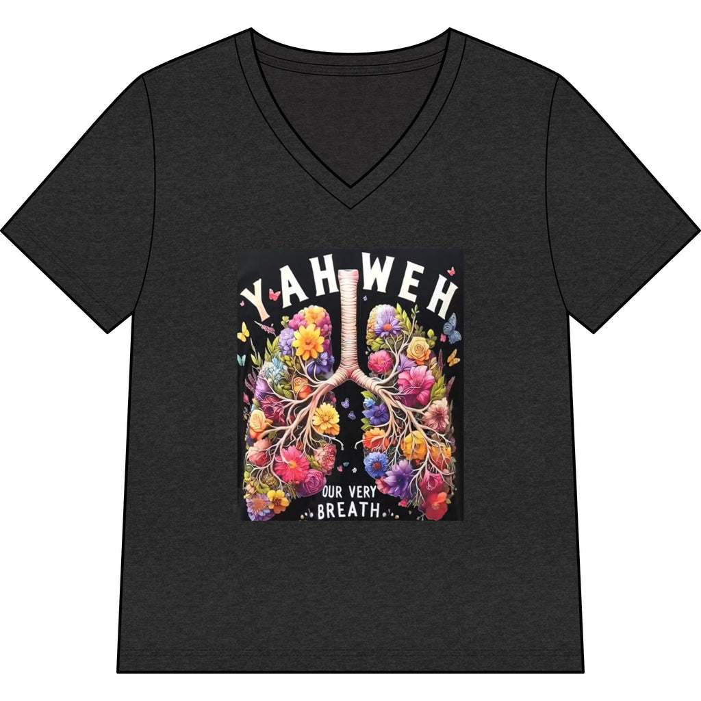 Women’s V-Neck Tee — 'YAHWEH Our Very Breath' Floral Lungs Faith Shirt