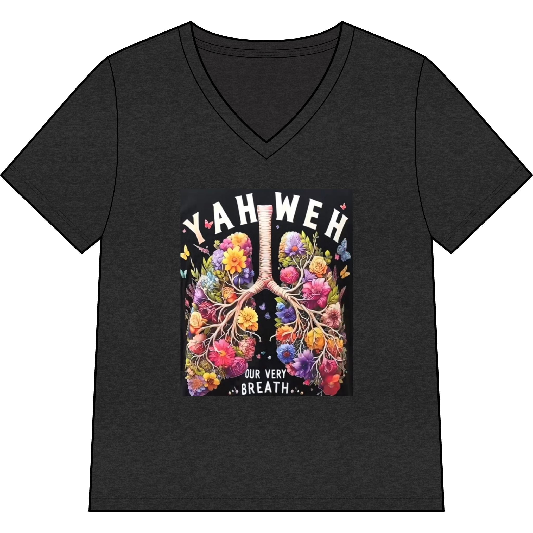Women’s V-Neck Tee — 'YAHWEH Our Very Breath' Floral Lungs Faith Shirt