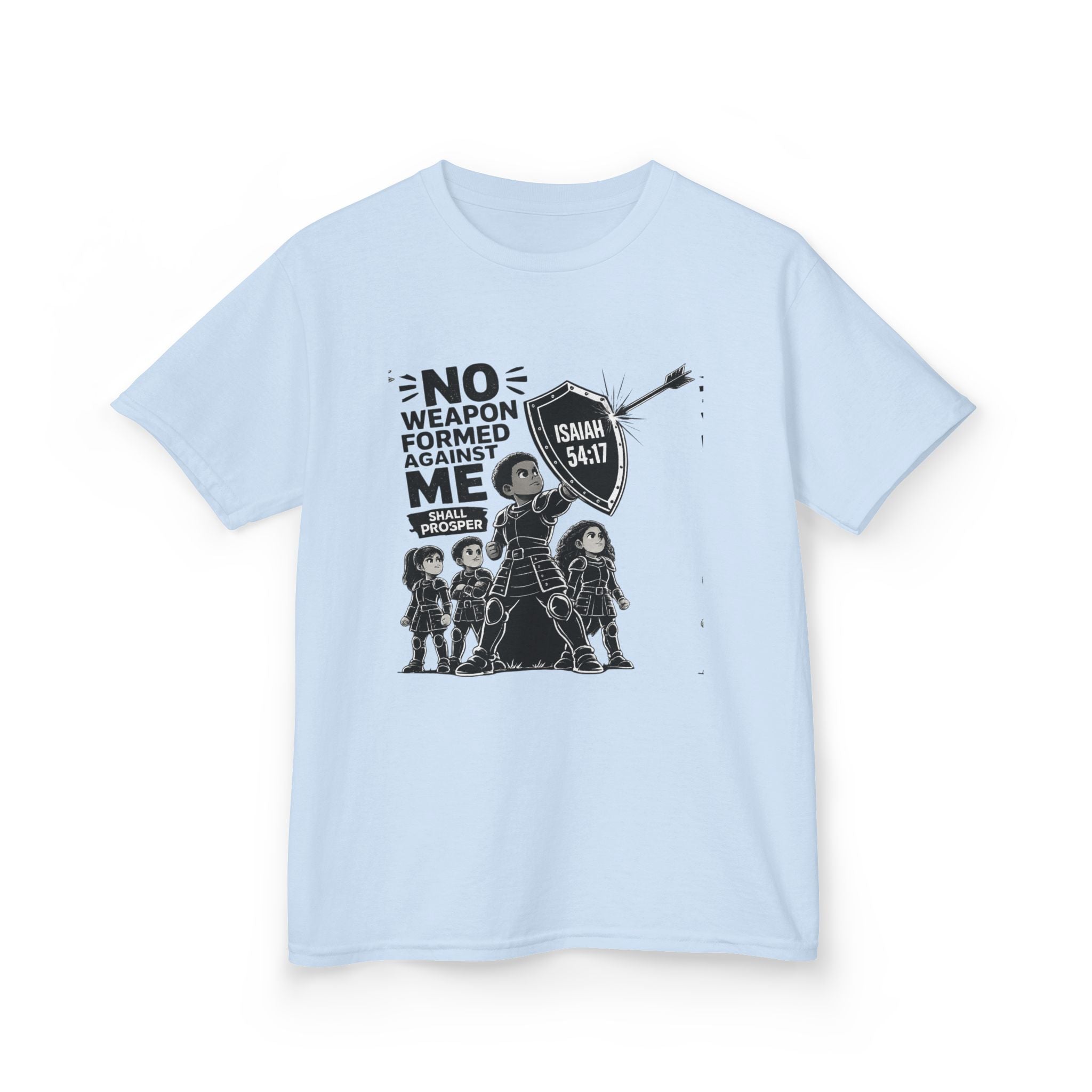 Kids Tee — "No Weapon Formed Against Me" Inspirational Bible Verse Shirt (Isaiah 54:17)