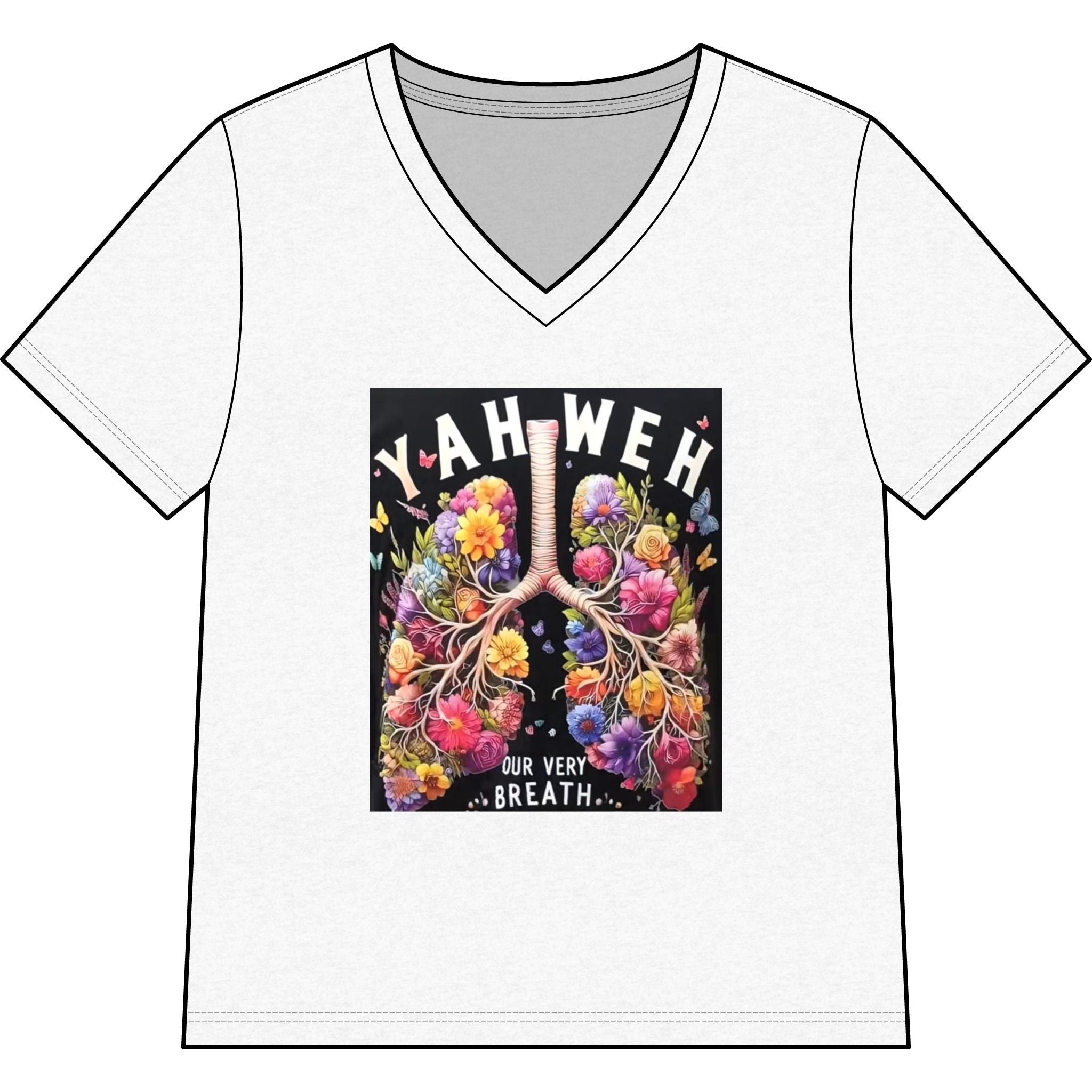 Women’s V-Neck Tee — 'YAHWEH Our Very Breath' Floral Lungs Faith Shirt