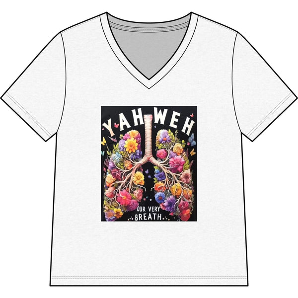 Women’s V-Neck Tee — 'YAHWEH Our Very Breath' Floral Lungs Faith Shirt