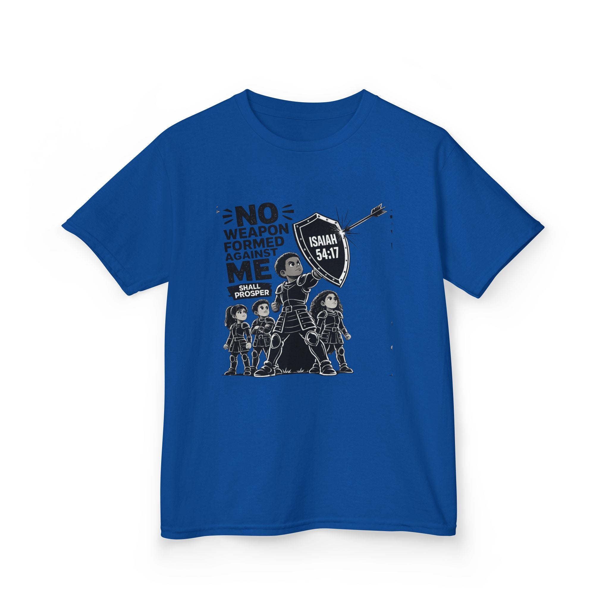 Kids Tee — "No Weapon Formed Against Me" Inspirational Bible Verse Shirt (Isaiah 54:17)