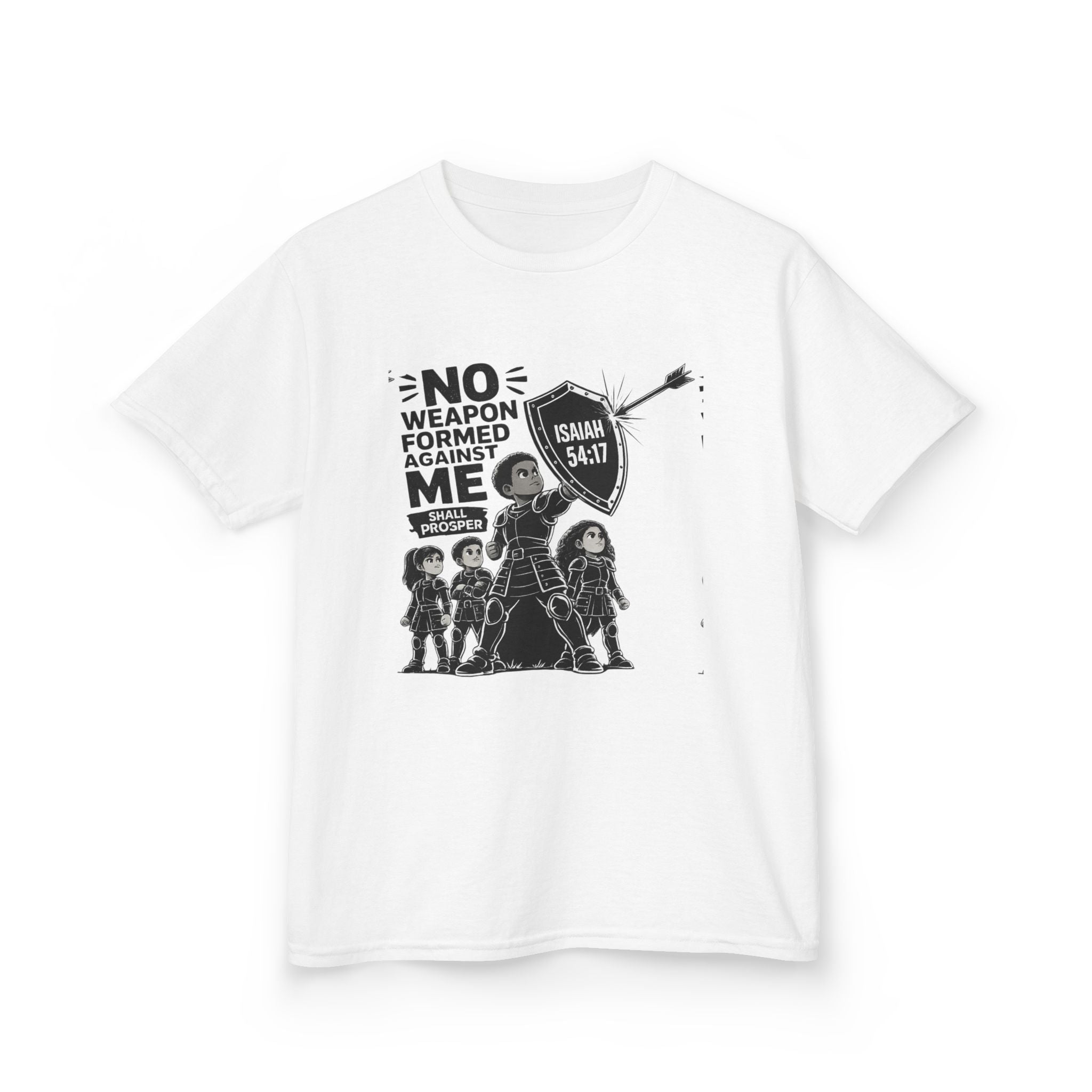 Kids Tee — "No Weapon Formed Against Me" Inspirational Bible Verse Shirt (Isaiah 54:17)