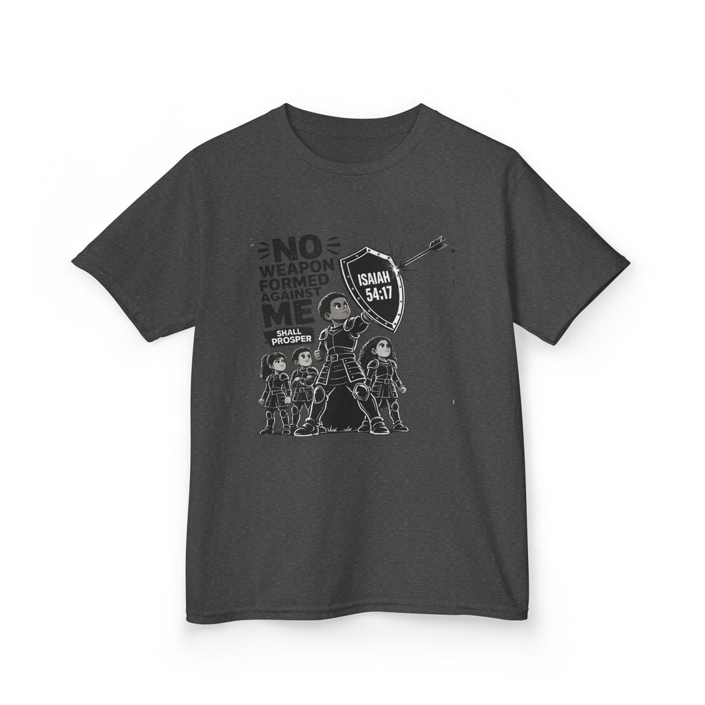 Kids Tee — "No Weapon Formed Against Me" Inspirational Bible Verse Shirt (Isaiah 54:17)