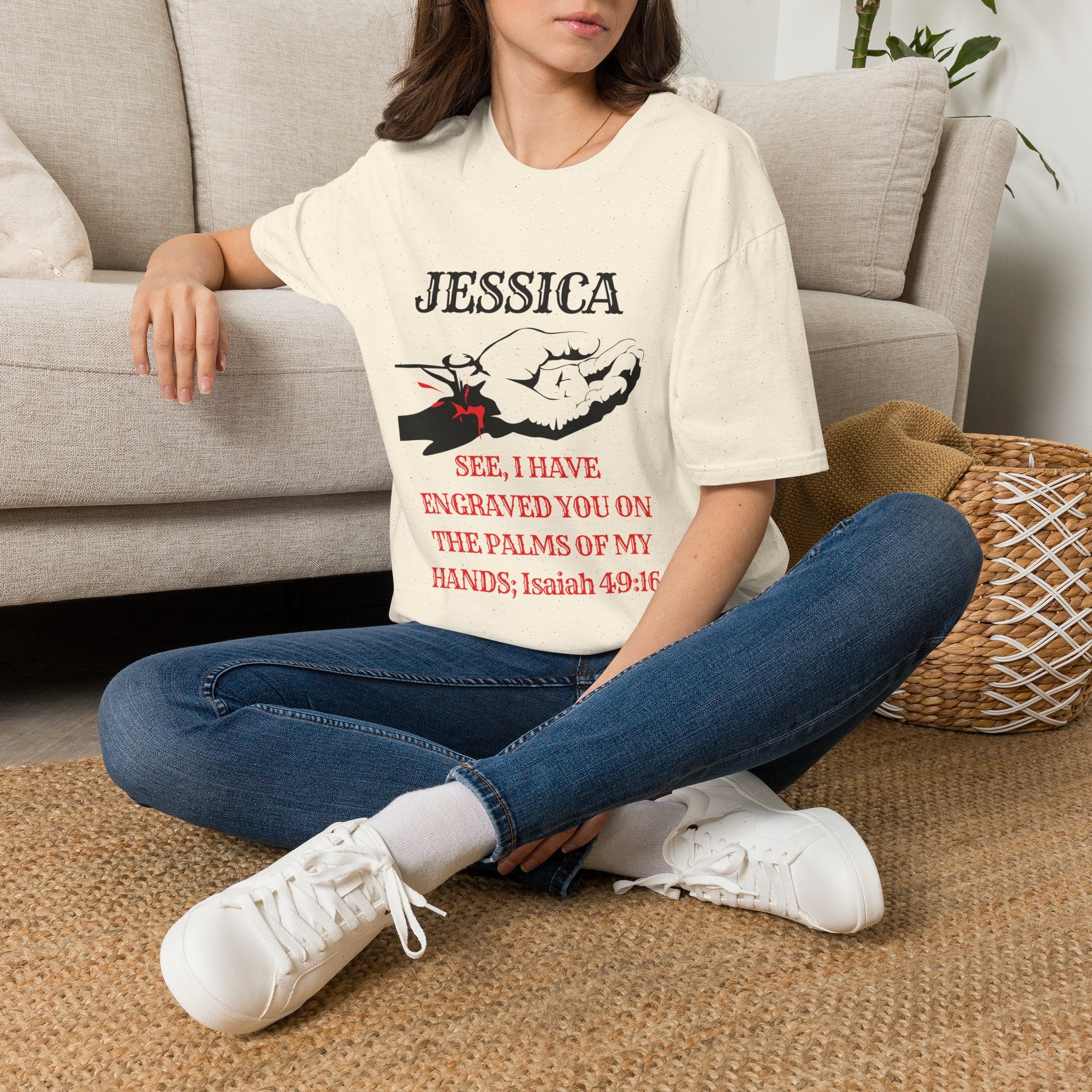 Personalized 'Jessica' Palm of My Hands T-Shirt — Christian Scripture Isaiah 49:16 Tee