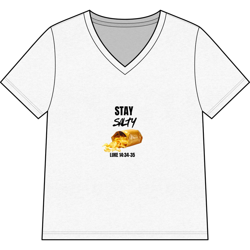 Stay Salty V-Neck Tee — "Stay Salty" Shell & Luke 14:34-35 Christian Graphic Top
