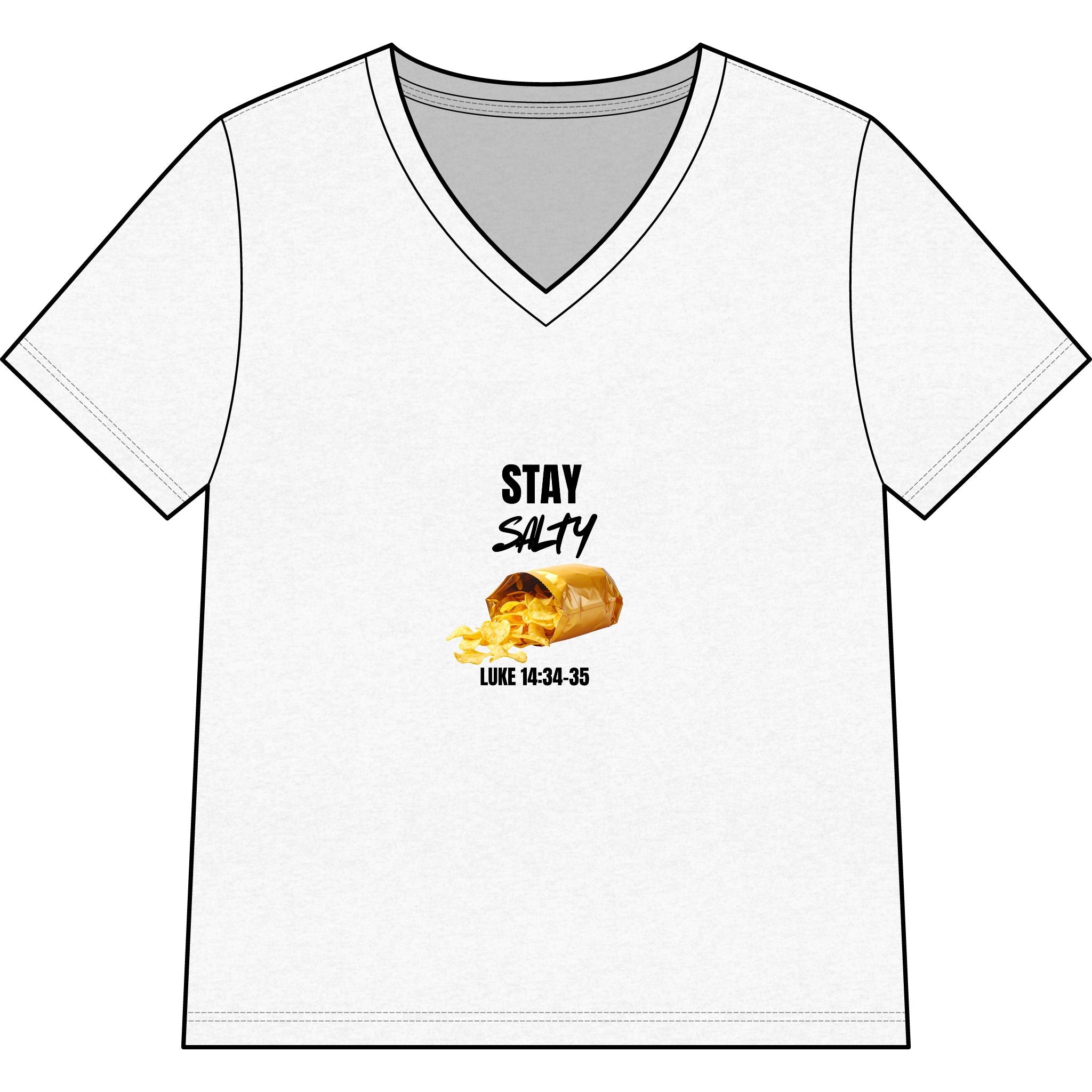 Stay Salty V-Neck Tee — "Stay Salty" Shell & Luke 14:34-35 Christian Graphic Top