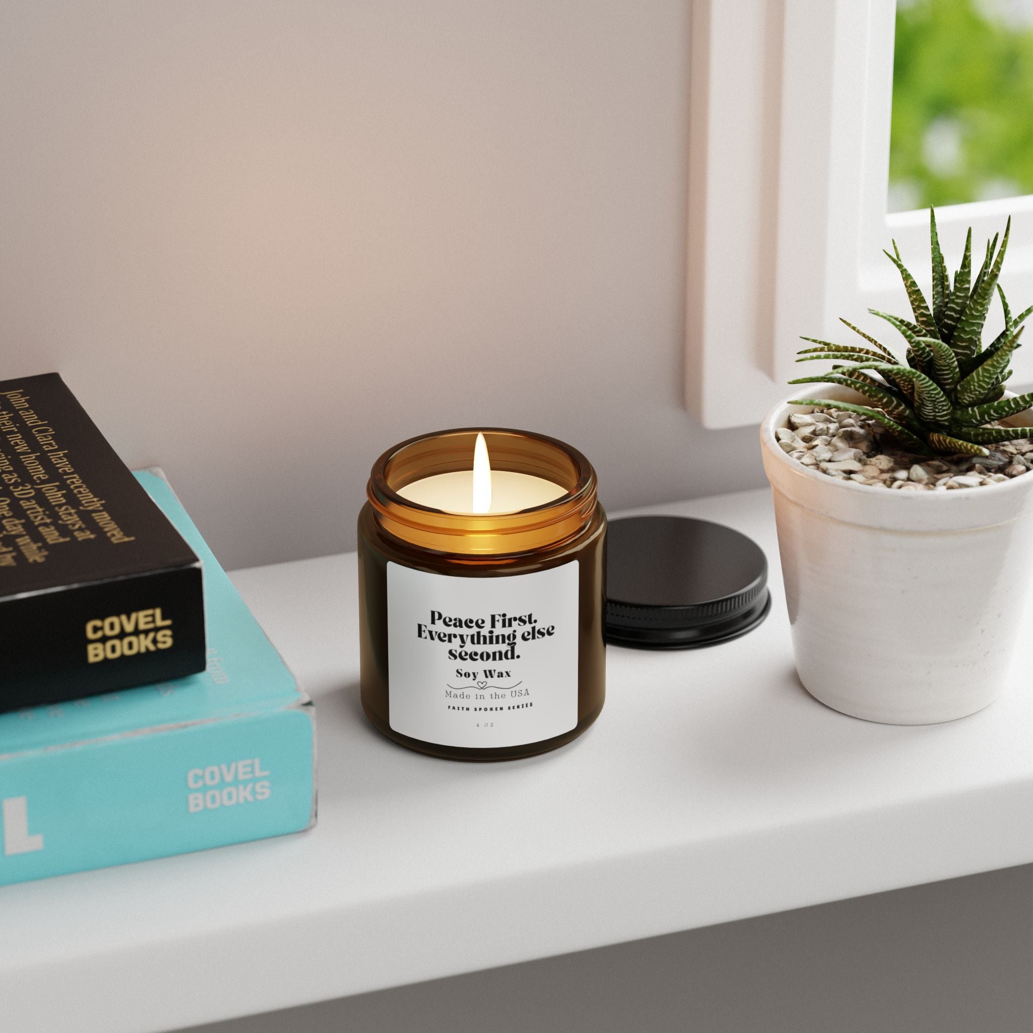 Soy Candle — "Peace First, Everything Else Second" Amber Jar (Scented)