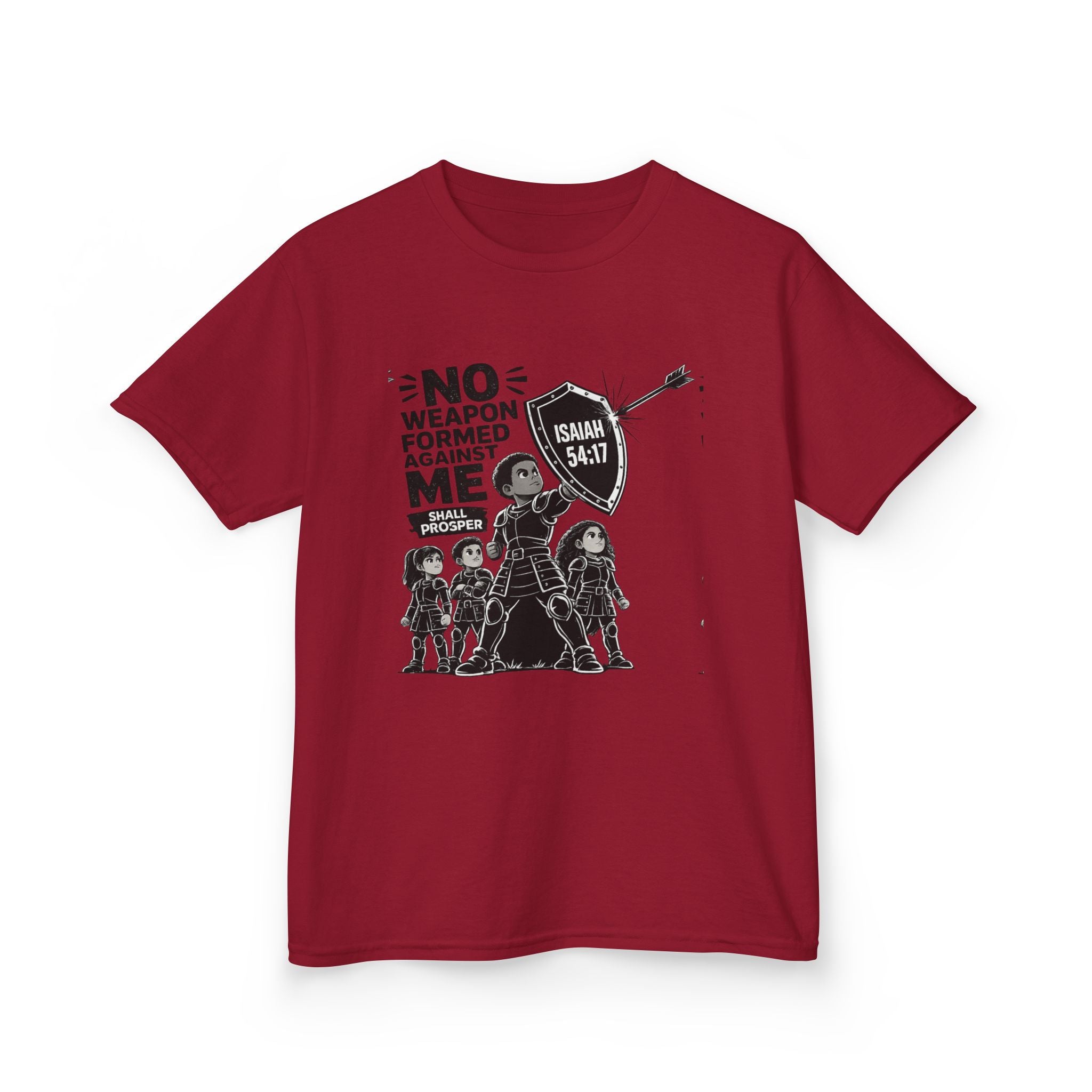 Kids Tee — "No Weapon Formed Against Me" Inspirational Bible Verse Shirt (Isaiah 54:17)