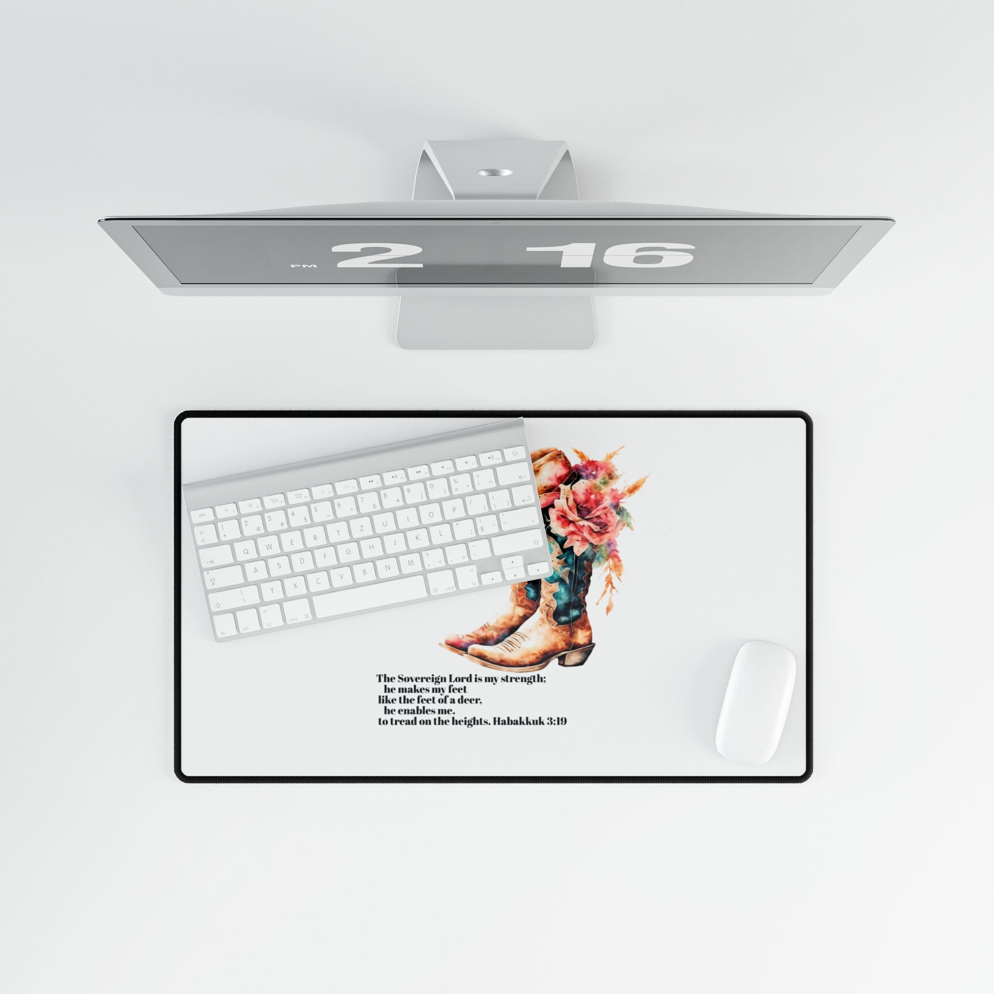 Cowboy Boots Floral Desk Mat with Habakkuk 3:19 Bible Verse