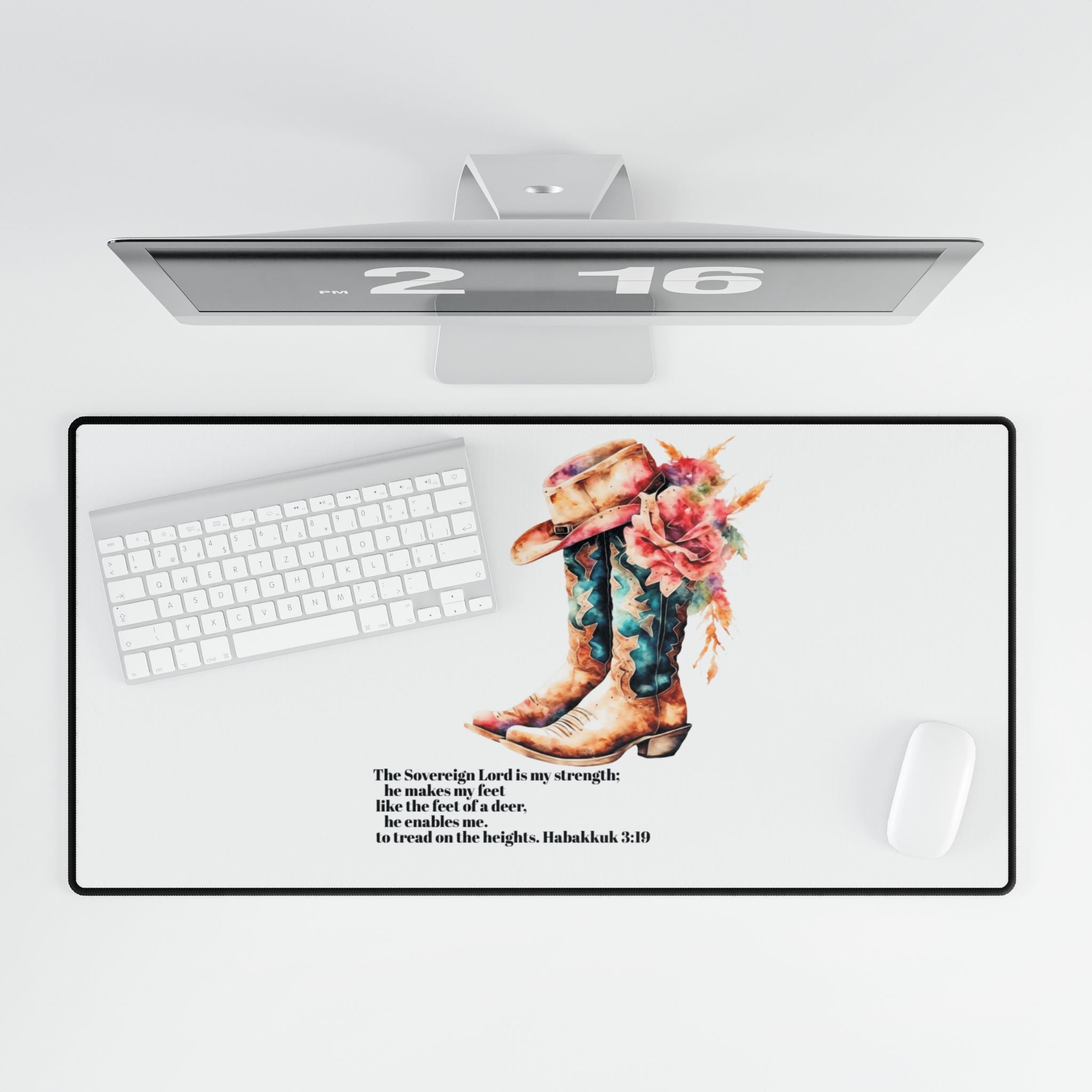 Cowboy Boots Floral Desk Mat with Habakkuk 3:19 Bible Verse