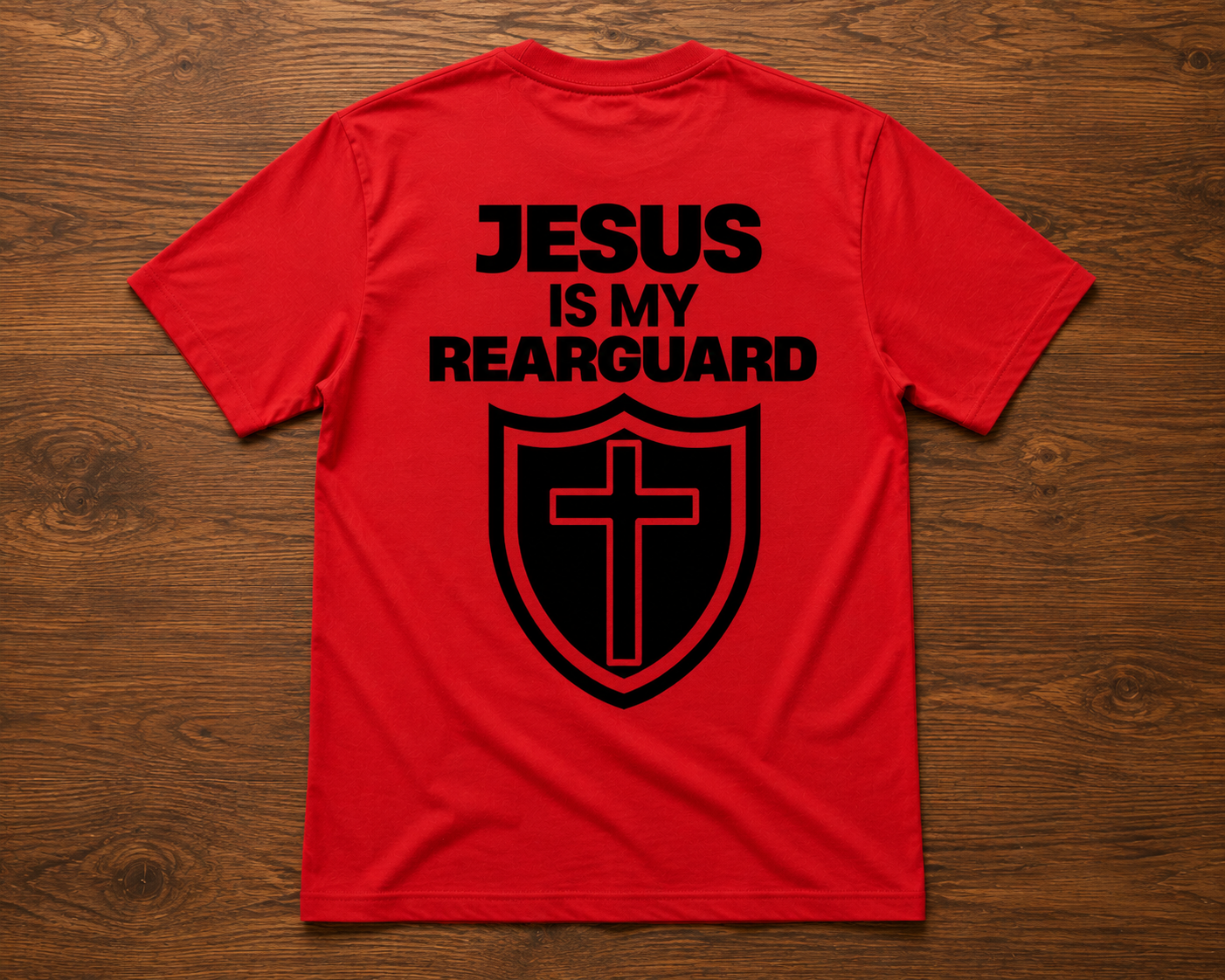 Jesus Is My Rearguard T-Shirt — Christian Faith Shield Tee