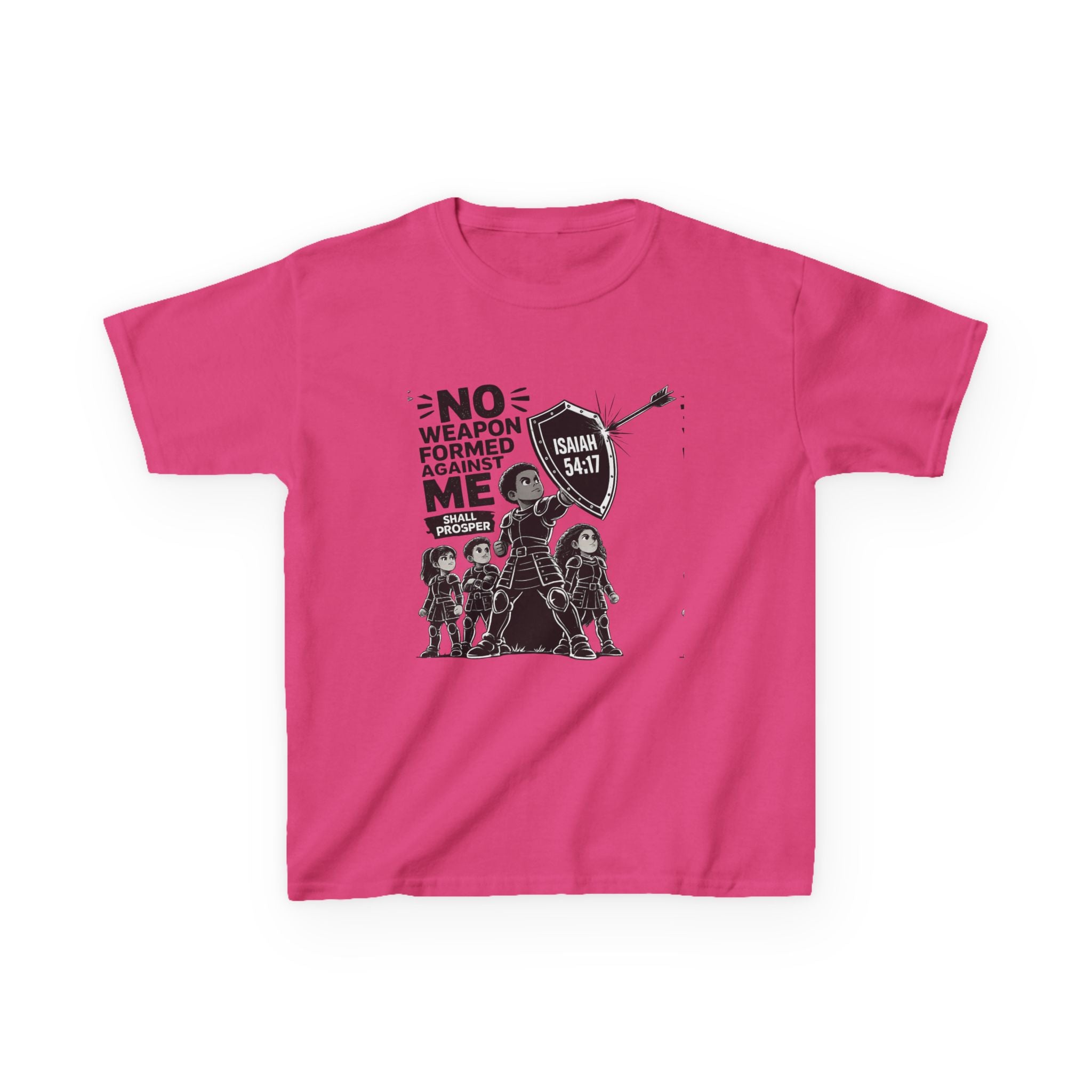 Kids Tee — "No Weapon Formed Against Me" Inspirational Bible Verse Shirt (Isaiah 54:17)