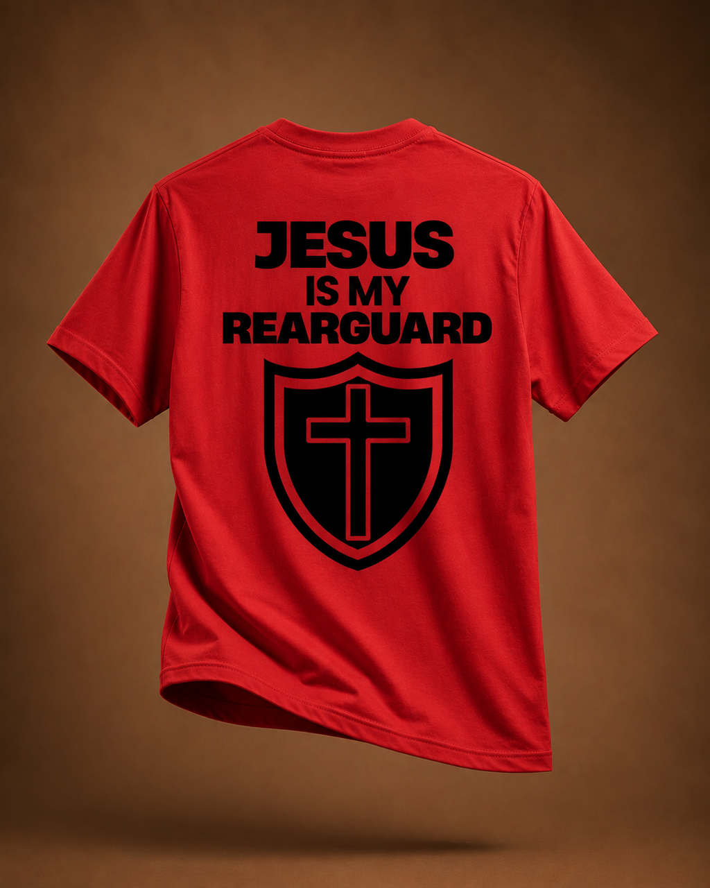 Jesus Is My Rearguard T-Shirt — Christian Faith Shield Tee