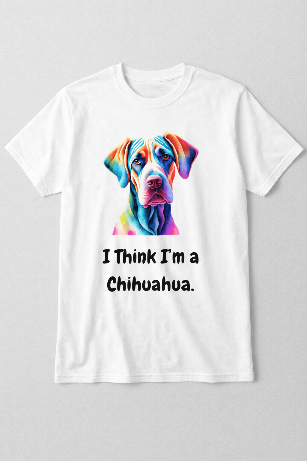 White t-shirt with a colorful dog graphic and text 'I Think I'm a Chihuahua' on a gray background